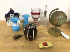 A mixed lot including a early 20thc scent bottle with silver collar (20cm), a small table globe, c.