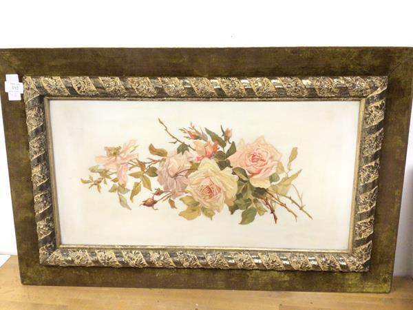 Roses painted on acrylic panel within gilt and felt frame (32cm x 61cm)