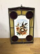 An Edwardian stained glass panel, with ceramic painted panel depicting Bird and Nest (32cm x 20cm)