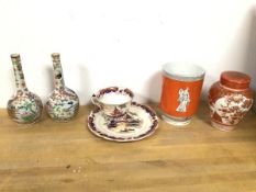 A mixed lot of china including a pair of Chinese bud vases of flask form of famille rose pattern (