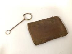 An Edwardian gilt metal lorgnette (16cm) and a vintage leather wallet, the metal corner marked ELM'S