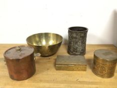 A mixed lot of metalware including a Chinese brush pot with character marks stamped to base, a brass