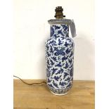 A Chinese baluster shaped vase, converted to table lamp, with blue and white leaf and flower