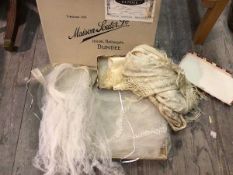 Textiles including a wedding veil, two shawls etc., in a Maison Souter Ltd. Dundee box (a lot)