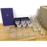 A collection of glassware including a set of six cut Edinburgh Crystal whisky glasses in original