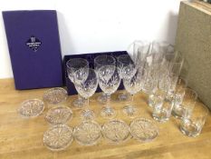 A collection of glassware including a set of six cut Edinburgh Crystal whisky glasses in original