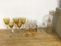 Assorted glassware including five wine glasses (19cm), with clear to burnt orange with floral