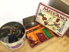 A collection of Meccano, including original box, a Quality Street tin with assorted parts etc. (a