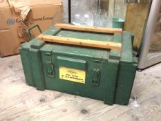 A vintage wooden ammunition style box with green painted exterior and drop handles to sides (27cm