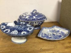 A group of 19thc blue and white china including a Willow pattern tureen (20cm), a crescent shaped