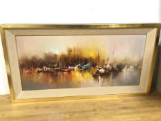 H. Leung, South East Asian River Scene, oil (34cm x 74cm)