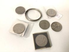 An Edwardian Birmingham silver bangle (7cm), seven commemorative coins (a lot)