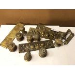 A collection of brass items including three doorknobs with pomegranate decoration (6cm), three