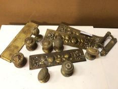 A collection of brass items including three doorknobs with pomegranate decoration (6cm), three