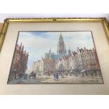 Pierre Le Boueff, City Square with Figures and Cathedral, watercolour, signed bottom right (27cm x