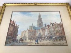 Pierre Le Boueff, City Square with Figures and Cathedral, watercolour, signed bottom right (27cm x