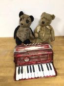 Two vintage stuffed animals, one teddy bear, one panda (40cm) and a toy accordian (a/f) (3)