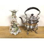 A mixed lot including a German candlestick with cherubs and scrolling vine (27cm), a Mappin & Webb