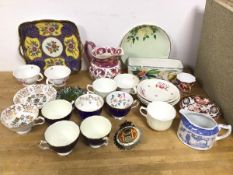 A Wedgwood lustre ware jug (15cm), Aynsley teacups, a Noritake tray with handles to sides (a/f) (a