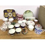 A Wedgwood lustre ware jug (15cm), Aynsley teacups, a Noritake tray with handles to sides (a/f) (a