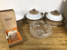 An Edinburgh Crystal preserve pot, in original box (12cm), a cut glass footed bowl, two Denby lidded