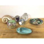 A mixed lot including a Caithness glass paperweight, marked Isadora, a New Zealand paua shell, a