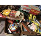 A collection of vintage toys including a Buccaneer Ready to Fly model of a plane, metal digger,