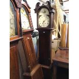 An early 19thc mahogany longcase clock, with unusual painted wooden dial, with roman numerals, and