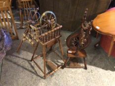 Two spinning wheels, with turned supports (both a/f) (larger: 90cm x 50cm x 32cm)