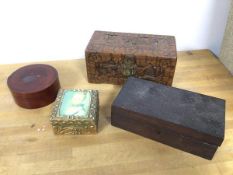 A group of boxes including a carved Chinese hinged box (9cm x 20cm x 10cm), a 19thc hinged box, a