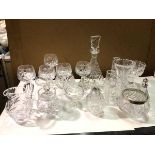 A collection of cut glass including decanter (30cm), wine glasses, tazza, water jug, rose bowl