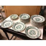 A set of fifteen American Marine dinner plates, in green transfer print depicting maritime scenes (