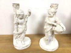 Two china figures, one depicting Spring, the other Autumn, having been formerly candlesticks or