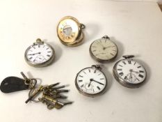 A collection of pocket watches including three open faced silver cased pocket watches, one with
