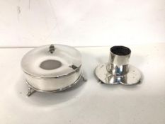 An unusual Edwardian London silver candlestick on bun feet (5cm) and a lidded footed butter dish