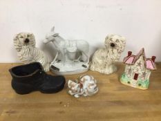 A mixed lot of china including two 19thc small Staffordshire chimney spaniels (16cm), a Donkey