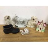 A mixed lot of china including two 19thc small Staffordshire chimney spaniels (16cm), a Donkey