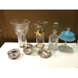 A mixed lot including a large cut glass vase (30cm), a water jug with gilt decoration, decanter, a