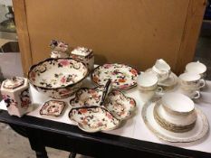 A mixed lot of china including a Masons Mandalay pattern footed bowl (11cm x 26cm), tea caddys, jug,