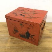 A Chinese painted and lacquered box with orange ground depicting traditional Chinese scenes, drop