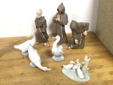 A group of four Nao figures, Ducks (tallest: 15cm) and three Algora figures of Monks (two a/f) (a