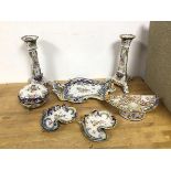 A collection of late 19thc Rouen faience including two candlesticks (24cm), a lidded pot, two