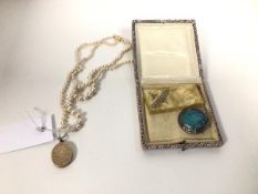 A mixed lot of jewellery including a paste pearl necklace, the clasp marked 9k, with gold metal hair