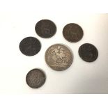 A collection of six UK coins including an 1822 crown (Tertius), bridged, two Victoria pennies,