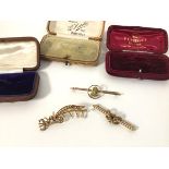 A collection of bar brooches including a 15ct seed pearl set brooch, with rope twist (5cm) (4g), a