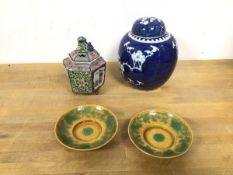 A mixed lot of china including two saucers, with yellow ground and green decoration, a footed jar