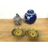 A mixed lot of china including two saucers, with yellow ground and green decoration, a footed jar