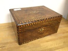 A 19thc. walnut veneered jewellery box, the hinged lid with speciman wood and mother of pearl inlay,