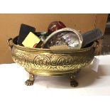 A mixed lot including a brass wine cooler of oval form with two mask handles to sides, with