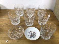 A mixed lot including seven whisky glasses (8.5cm), a cut glass dish and a Wedgwood Kutani crane